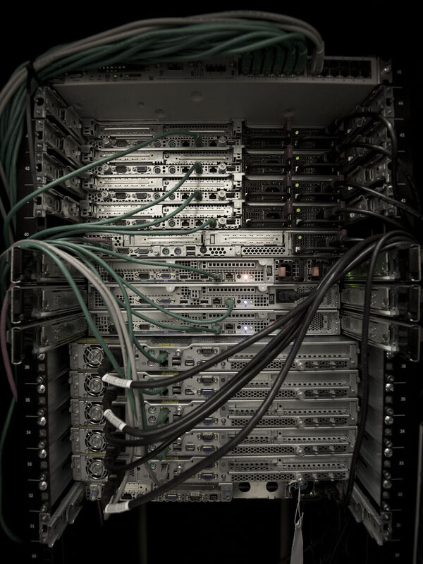 Servers in a rack, cabled at the back